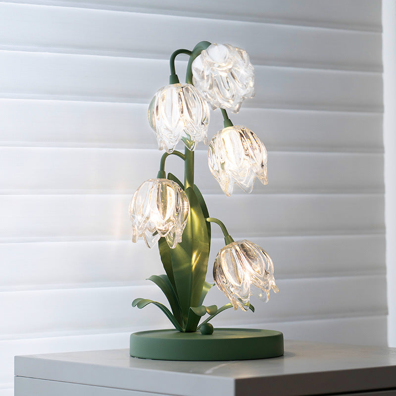 Contemporary Creative Tulip Flower Iron Glass USB 1-Light Table Lamp For Bedroom