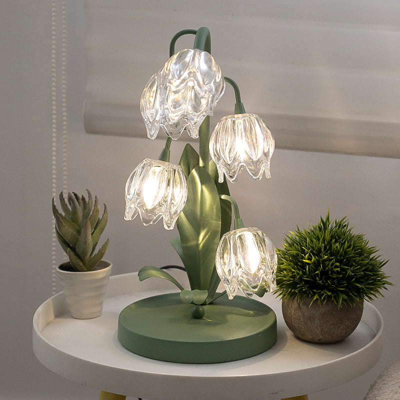Contemporary Creative Tulip Flower Iron Glass USB 1-Light Table Lamp For Bedroom