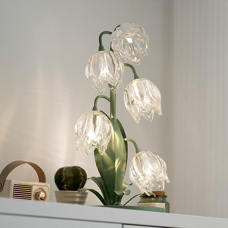 Contemporary Creative Tulip Flower Iron Glass USB 1-Light Table Lamp For Bedroom