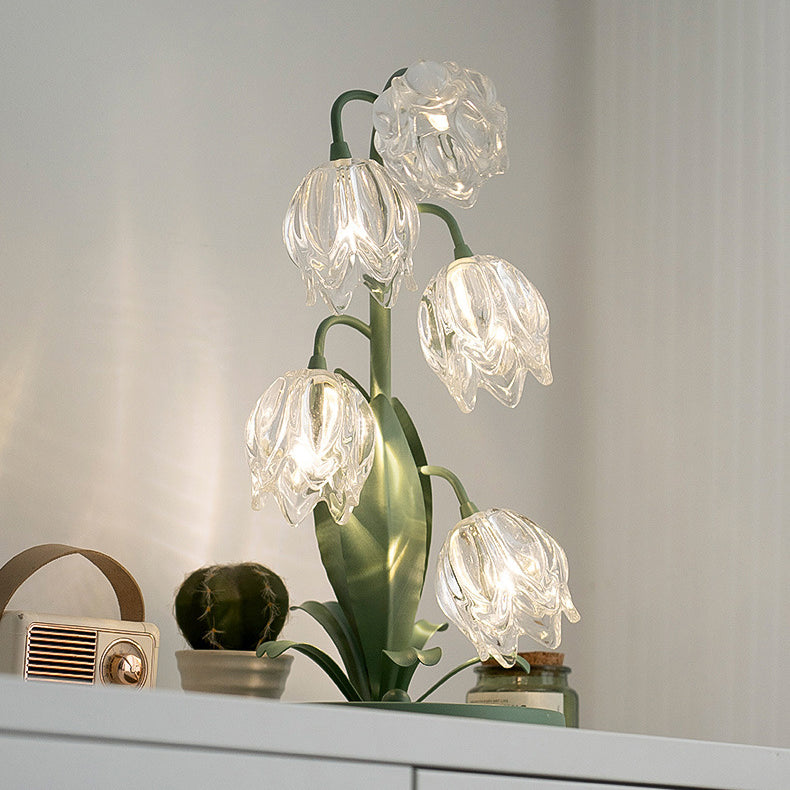 Contemporary Creative Tulip Flower Iron Glass USB 1-Light Table Lamp For Bedroom