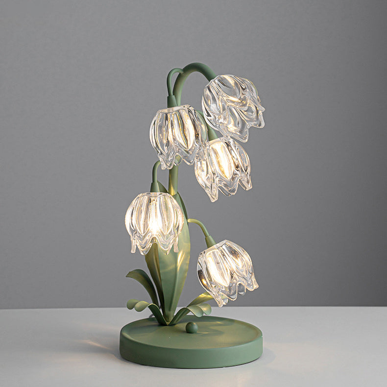 Contemporary Creative Tulip Flower Iron Glass USB 1-Light Table Lamp For Bedroom