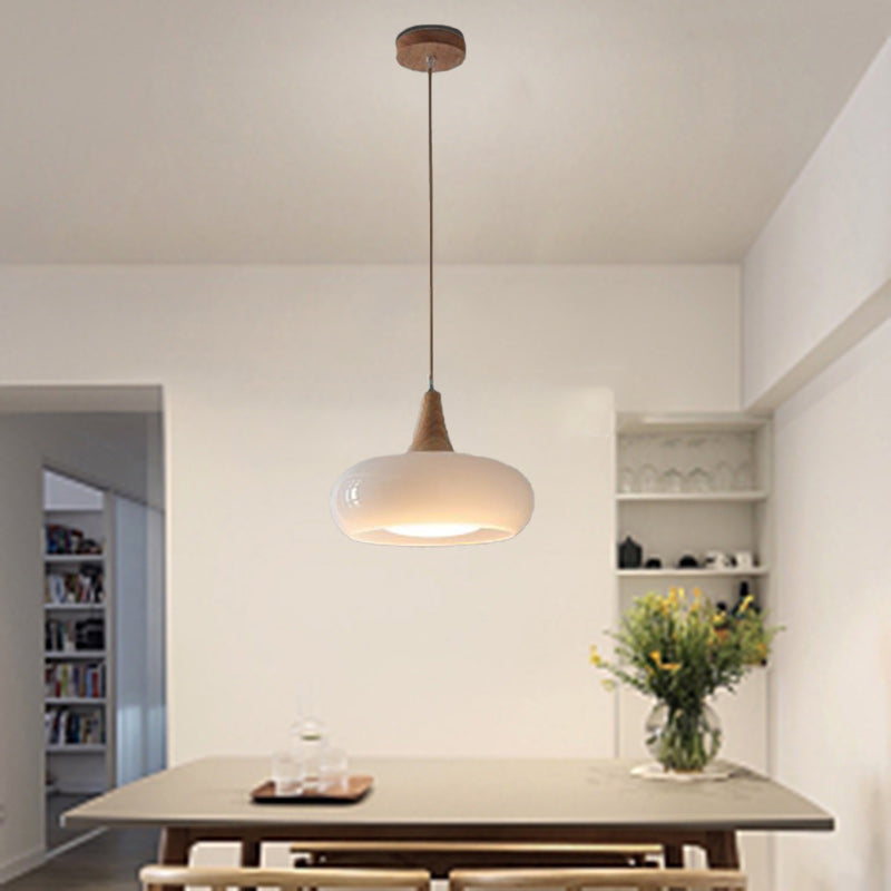 Contemporary Nordic Cream Persimmon Wood Glass 1-Light Pendant Light For Dining Room