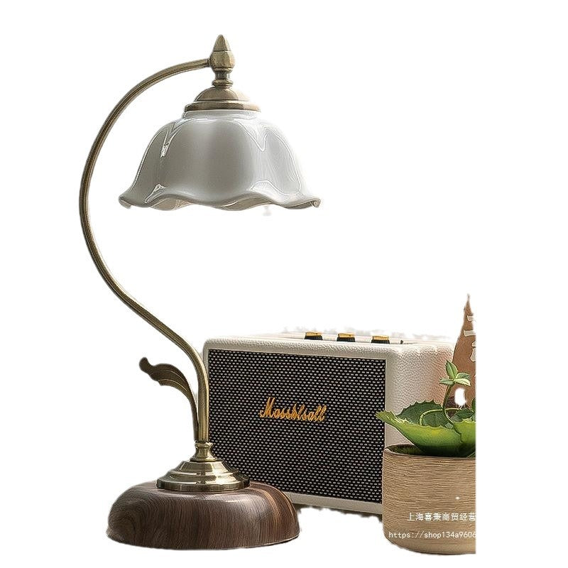 Contemporary Retro Dome Flower Iron Glass Ceramic 1-Light Table Lamp For Bedroom
