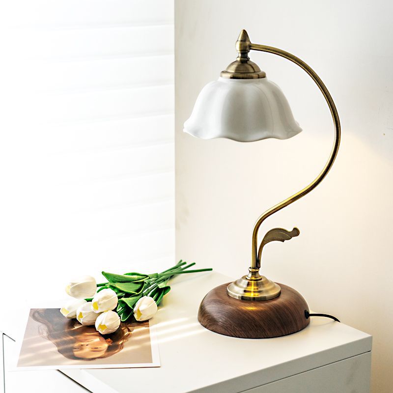 Contemporary Retro Dome Flower Iron Glass Ceramic 1-Light Table Lamp For Bedroom