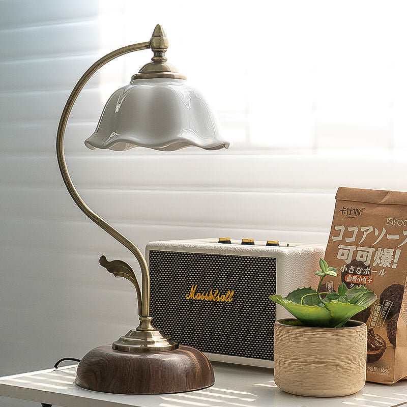 Contemporary Retro Dome Flower Iron Glass Ceramic 1-Light Table Lamp For Bedroom