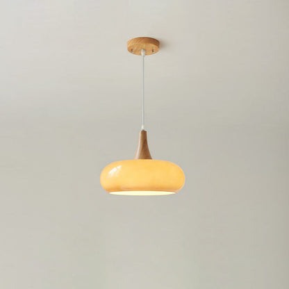 Traditional Japanese Drum Shape Wood Glass 1-Light Pendant Light For Dining Room