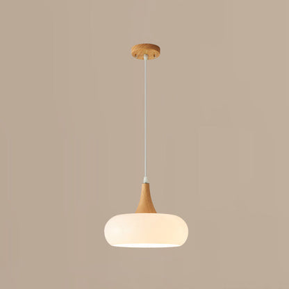 Traditional Japanese Drum Shape Wood Glass 1-Light Pendant Light For Dining Room