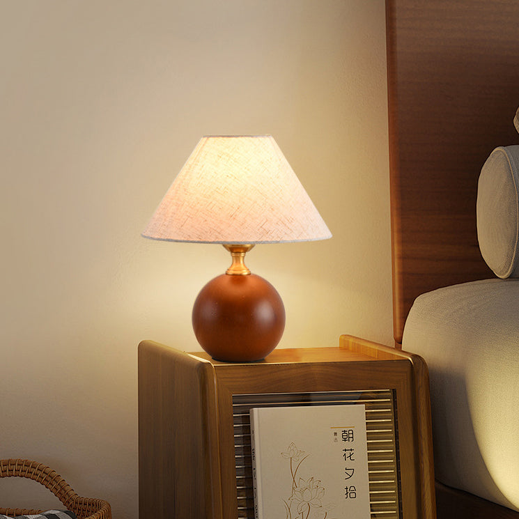 Contemporary Retro Ball Base Conical Shade Flower Pattern Fabric Wood 1-Light Table Lamp For Bedroom