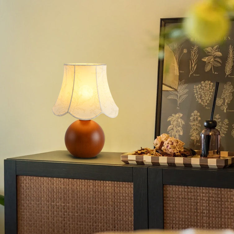 Contemporary Retro Ball Base Conical Shade Flower Pattern Fabric Wood 1-Light Table Lamp For Bedroom