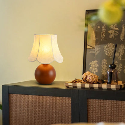 Contemporary Retro Ball Base Conical Shade Flower Pattern Fabric Wood 1-Light Table Lamp For Bedroom