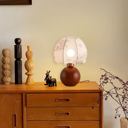 Contemporary Retro Ball Base Conical Shade Flower Pattern Fabric Wood 1-Light Table Lamp For Bedroom