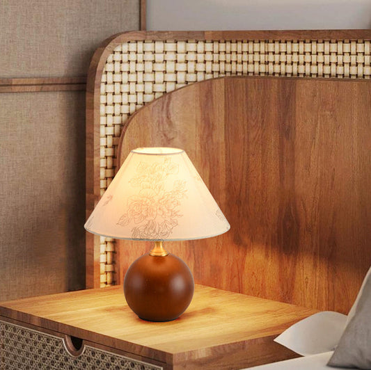 Contemporary Retro Ball Base Conical Shade Flower Pattern Fabric Wood 1-Light Table Lamp For Bedroom