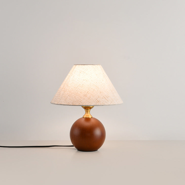 Contemporary Retro Ball Base Conical Shade Flower Pattern Fabric Wood 1-Light Table Lamp For Bedroom