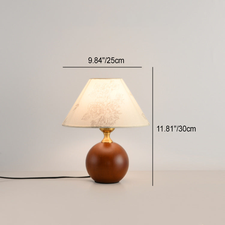 Contemporary Retro Ball Base Conical Shade Flower Pattern Fabric Wood 1-Light Table Lamp For Bedroom