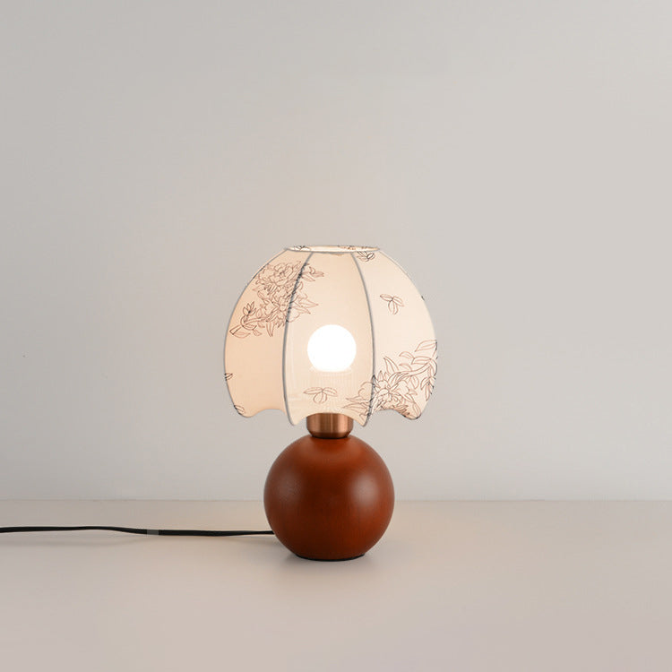 Contemporary Retro Ball Base Conical Shade Flower Pattern Fabric Wood 1-Light Table Lamp For Bedroom