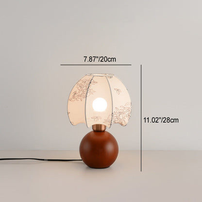 Contemporary Retro Ball Base Conical Shade Flower Pattern Fabric Wood 1-Light Table Lamp For Bedroom