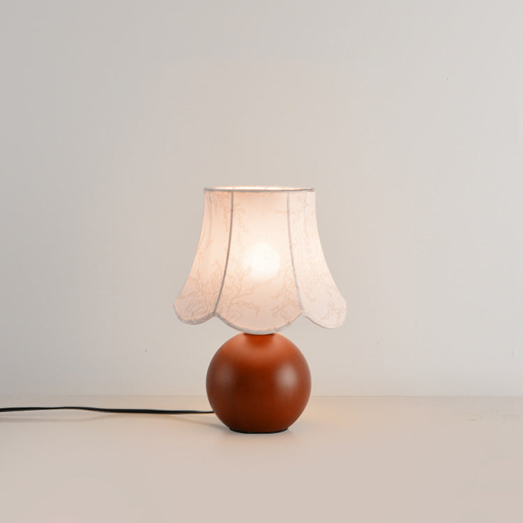 Contemporary Retro Ball Base Conical Shade Flower Pattern Fabric Wood 1-Light Table Lamp For Bedroom
