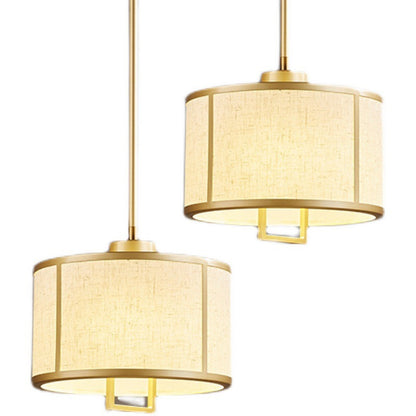 Traditional Chinese Drum Cylinder Iron Brass Fabric 1-Light Pendant Light For Bedroom