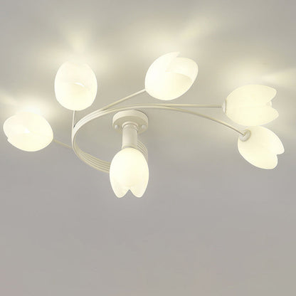 Contemporary Creative Branch Magnolia Flower Iron Plastic 4/6 Light Semi-Flush Mount Ceiling Light For Living Room