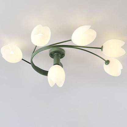 Contemporary Creative Branch Magnolia Flower Iron Plastic 4/6 Light Semi-Flush Mount Ceiling Light For Living Room