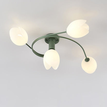 Contemporary Creative Branch Magnolia Flower Iron Plastic 4/6 Light Semi-Flush Mount Ceiling Light For Living Room