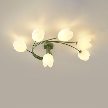 Contemporary Creative Branch Magnolia Flower Iron Plastic 4/6 Light Semi-Flush Mount Ceiling Light For Living Room