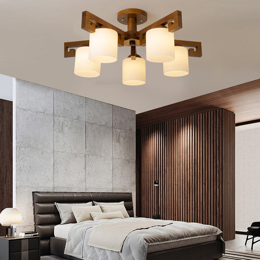 Traditional Chinese Branch Cylinder Round Glass Wood 5/8 Light Chandeliers For Living Room