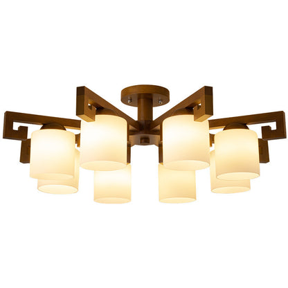Traditional Chinese Branch Cylinder Round Glass Wood 5/8 Light Chandeliers For Living Room