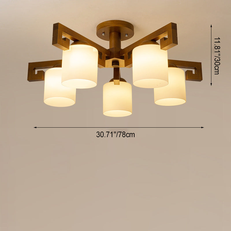 Traditional Chinese Branch Cylinder Round Glass Wood 5/8 Light Chandeliers For Living Room
