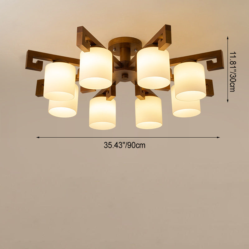 Traditional Chinese Branch Cylinder Round Glass Wood 5/8 Light Chandeliers For Living Room
