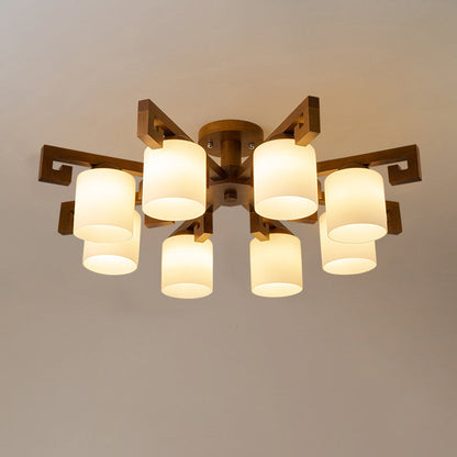 Traditional Chinese Branch Cylinder Round Glass Wood 5/8 Light Chandeliers For Living Room
