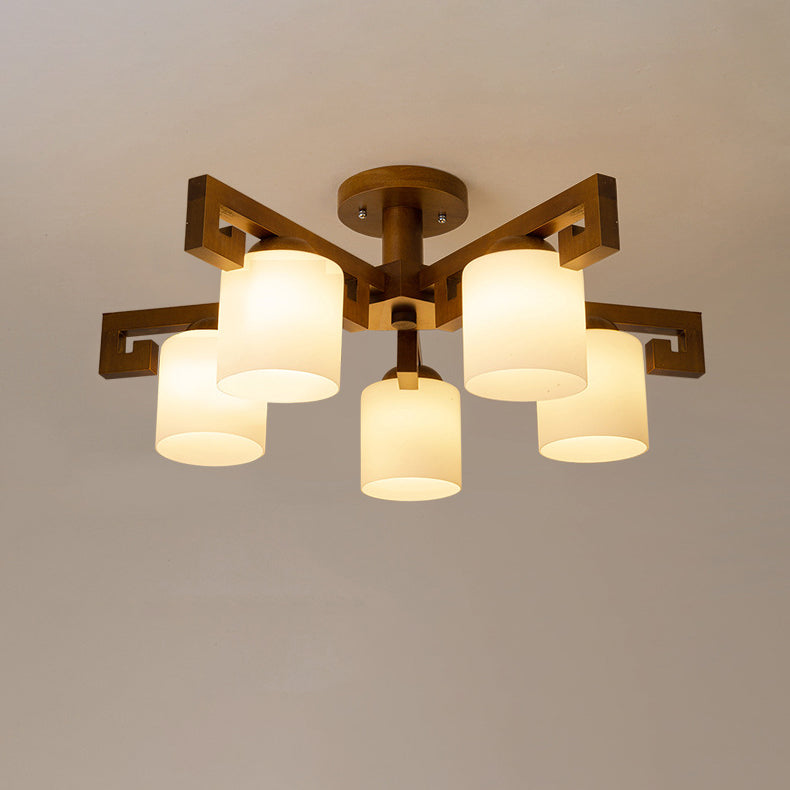 Traditional Chinese Branch Cylinder Round Glass Wood 5/8 Light Chandeliers For Living Room