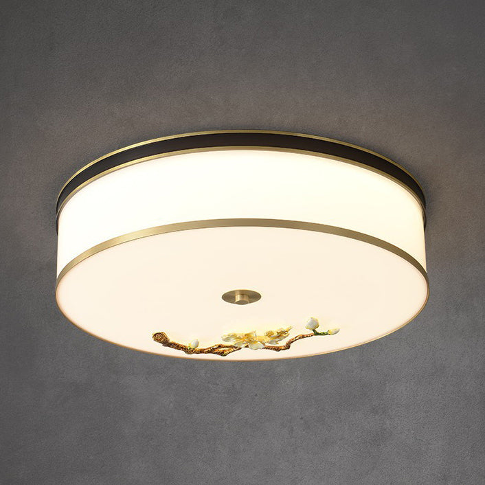 Traditional Chinese Brass Ceramic Plum Blossom Drum Shape Acrylic LED Flush Mount Ceiling Light For Living Room
