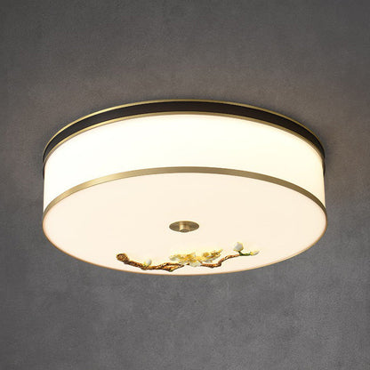 Traditional Chinese Brass Ceramic Plum Blossom Drum Shape Acrylic LED Flush Mount Ceiling Light For Living Room