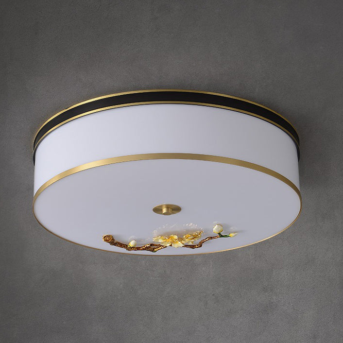 Traditional Chinese Brass Ceramic Plum Blossom Drum Shape Acrylic LED Flush Mount Ceiling Light For Living Room