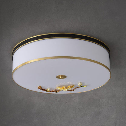 Traditional Chinese Brass Ceramic Plum Blossom Drum Shape Acrylic LED Flush Mount Ceiling Light For Living Room