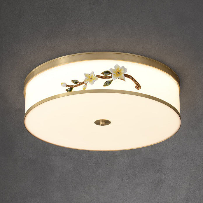 Traditional Chinese Brass Ceramic Plum Blossom Drum Shape Acrylic LED Flush Mount Ceiling Light For Living Room