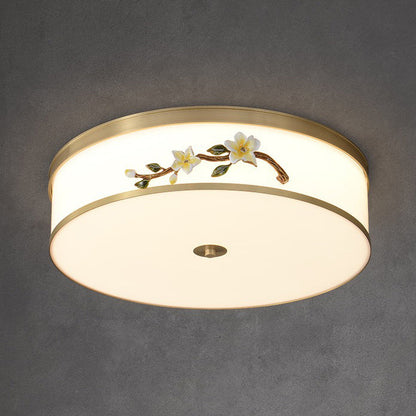 Traditional Chinese Brass Ceramic Plum Blossom Drum Shape Acrylic LED Flush Mount Ceiling Light For Living Room