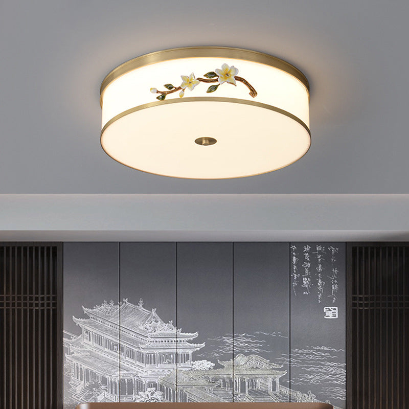 Traditional Chinese Brass Ceramic Plum Blossom Drum Shape Acrylic LED Flush Mount Ceiling Light For Living Room