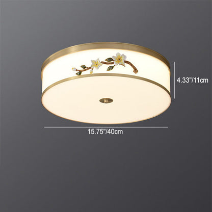 Traditional Chinese Brass Ceramic Plum Blossom Drum Shape Acrylic LED Flush Mount Ceiling Light For Living Room