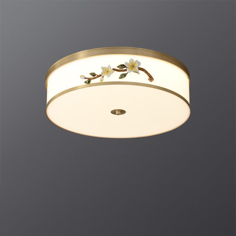 Traditional Chinese Brass Ceramic Plum Blossom Drum Shape Acrylic LED Flush Mount Ceiling Light For Living Room
