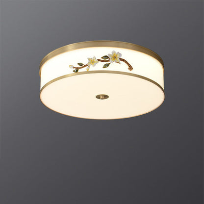 Traditional Chinese Brass Ceramic Plum Blossom Drum Shape Acrylic LED Flush Mount Ceiling Light For Living Room