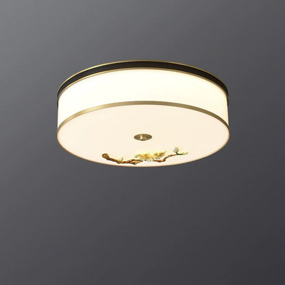 Traditional Chinese Brass Ceramic Plum Blossom Drum Shape Acrylic LED Flush Mount Ceiling Light For Living Room