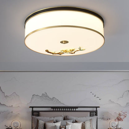 Traditional Chinese Brass Ceramic Plum Blossom Drum Shape Acrylic LED Flush Mount Ceiling Light For Living Room