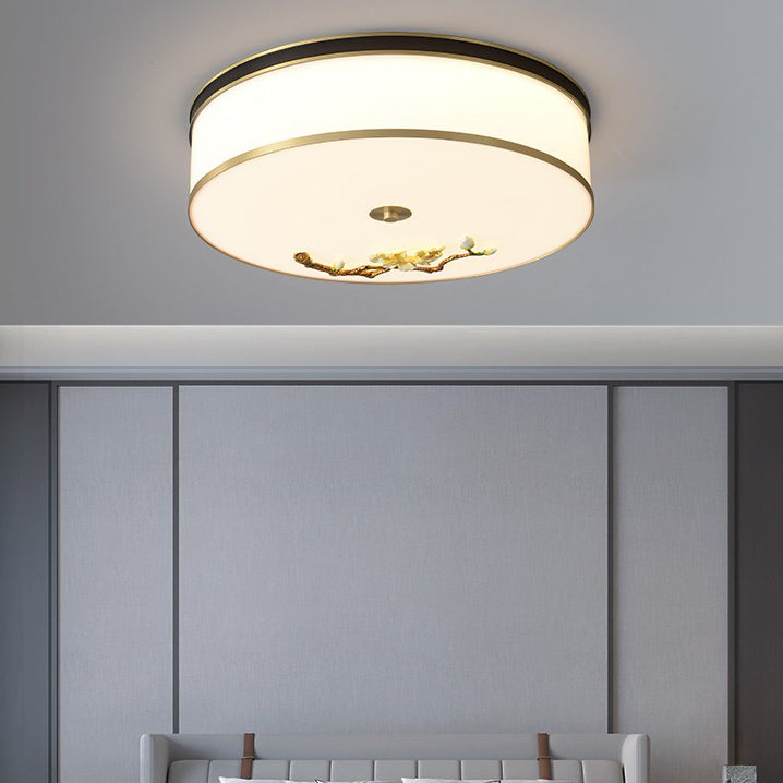 Traditional Chinese Brass Ceramic Plum Blossom Drum Shape Acrylic LED Flush Mount Ceiling Light For Living Room