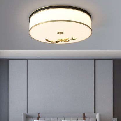Traditional Chinese Brass Ceramic Plum Blossom Drum Shape Acrylic LED Flush Mount Ceiling Light For Living Room