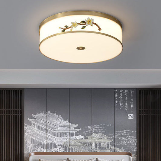 Traditional Chinese Brass Ceramic Plum Blossom Drum Shape Acrylic LED Flush Mount Ceiling Light For Living Room
