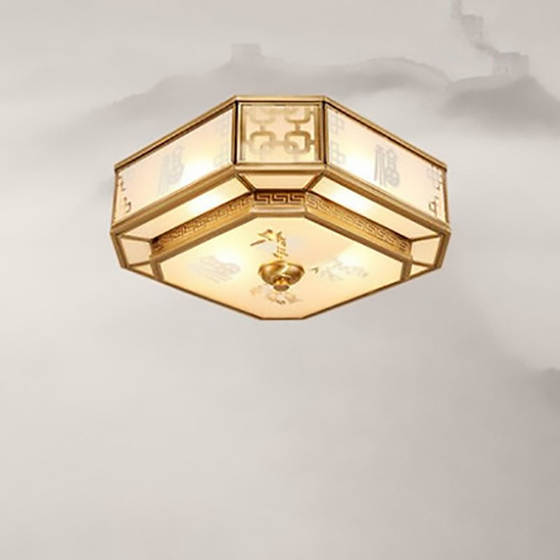 Traditional Chinese Octagon Printing Frosted Glass Brass 4-Light Flush Mount Ceiling Light For Living Room