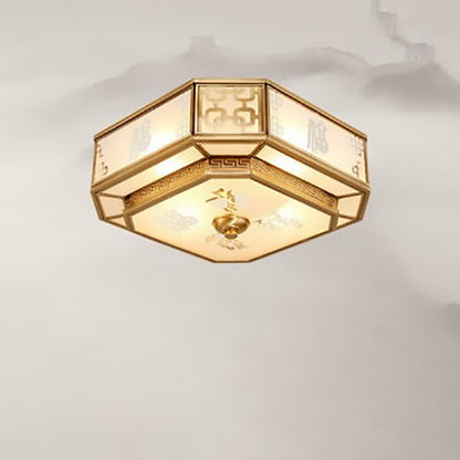 Traditional Chinese Octagon Printing Frosted Glass Brass 4-Light Flush Mount Ceiling Light For Living Room