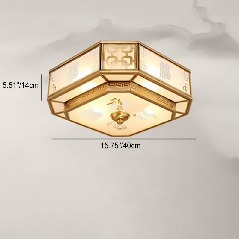 Traditional Chinese Octagon Printing Frosted Glass Brass 4-Light Flush Mount Ceiling Light For Living Room
